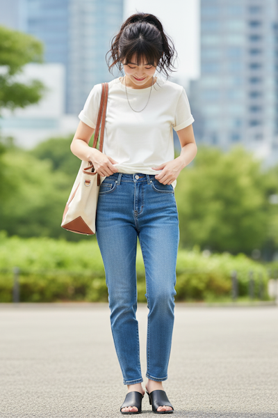 ハリ感のあるシンプルTシャツで上品なカジュアルに